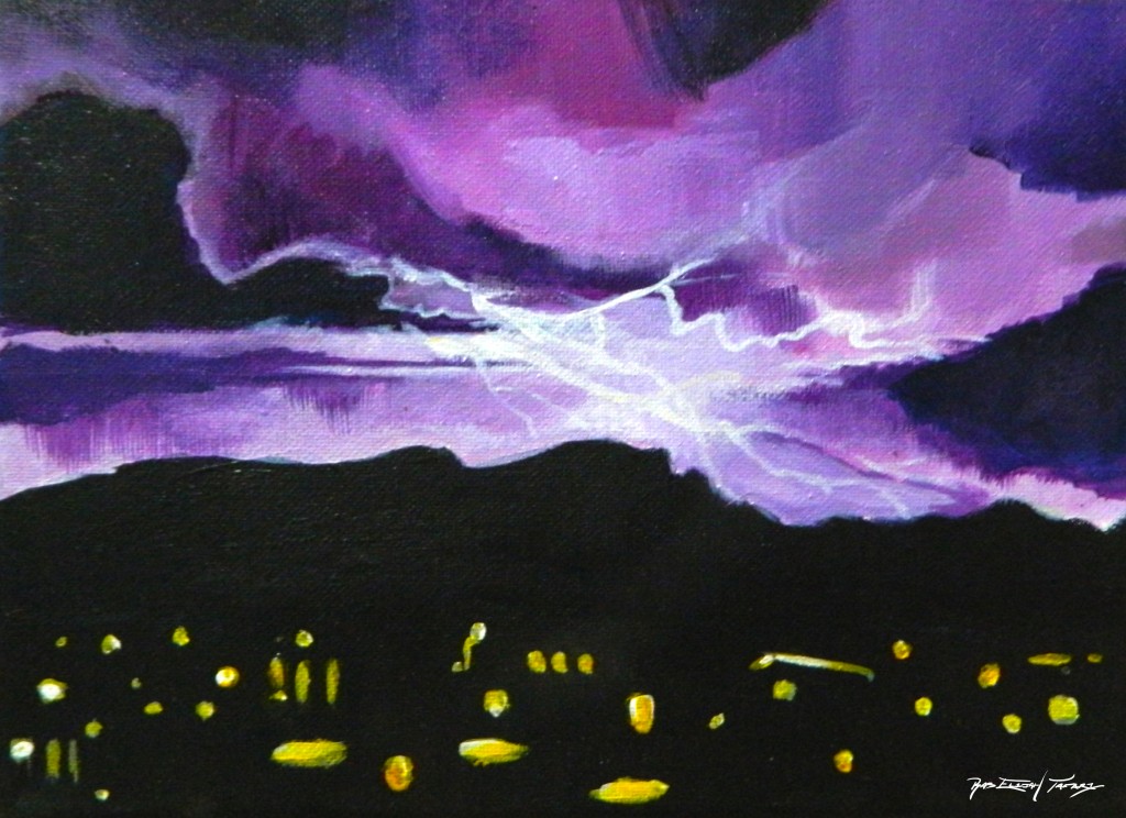 8x10" acrylic and indian ink, " Lightening over the mountain." only 150.