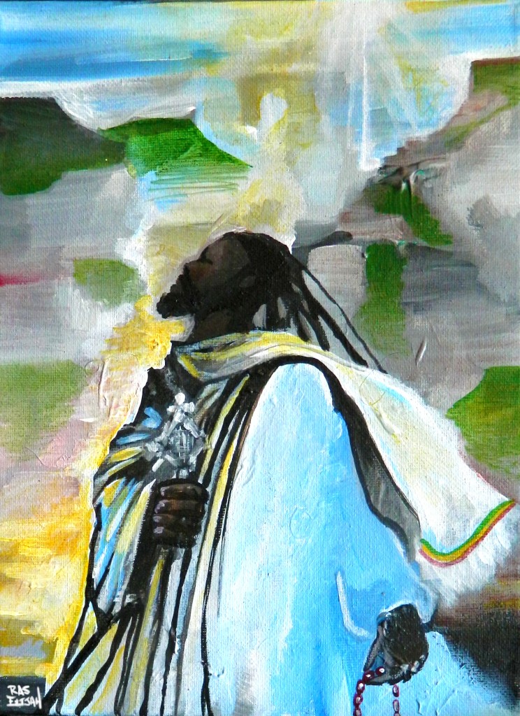  "Ethiopian Highlander" In the ancient traditions of Ethiopian Priests and Prophets. The Highlander is still there in Mountains of Zion Exclaiming Praise! The medium is Indian ink and Acrylic and is 8x10". Asking price is 180. Prints available.