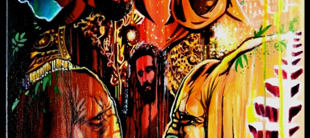 "Move in Balance" Painting of Emperor Haile Selassie I and Empress Menen by Ras Elijah Tafari. Acrylic and Indian Ink. !8"x24". For Michael Leslie.