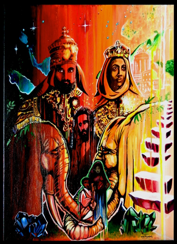"Move in Balance" Painting of Emperor Haile Selassie I and Empress Menen by Ras Elijah Tafari. Acrylic and Indian Ink. !8"x24". For Michael Leslie.  