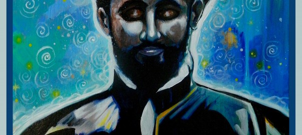"Selassie I Blue Night" By Ras Elijah Tafari. 18"x24" Acrylic and Indian Ink on Canvas. Original Available for 300.