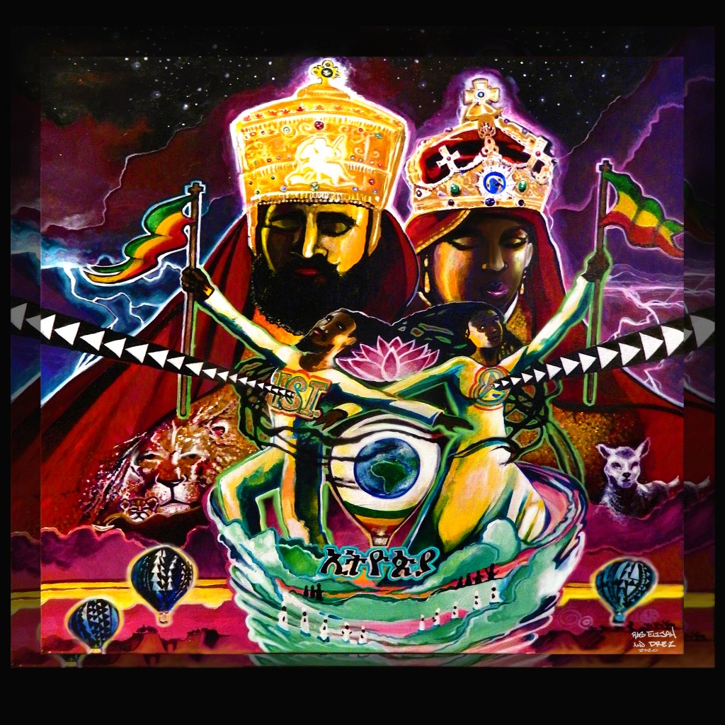 " Ethiopia, Lifts the World." By Ras Elijah Tafari and Dre-Z Melodi. Acrylic, Gold, and Indian Ink on Canvas. 