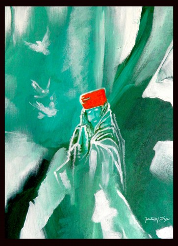 "Priest bursting in green." acrylic and Indian ink