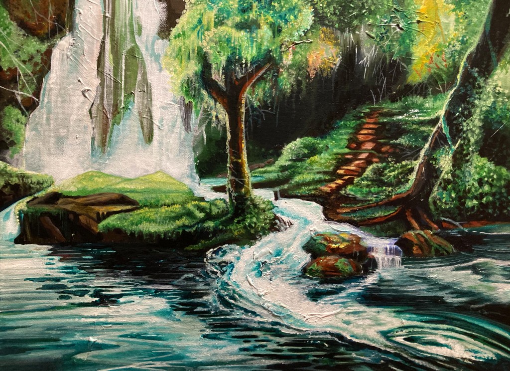 " The Kings Springs" located in Arbaminch Ethiopia, where H.I.M. Emperor Haile Selassie I would wash. Acrylic and Indian ink, 700. for the Original and it is 24" x18" on Canvas.