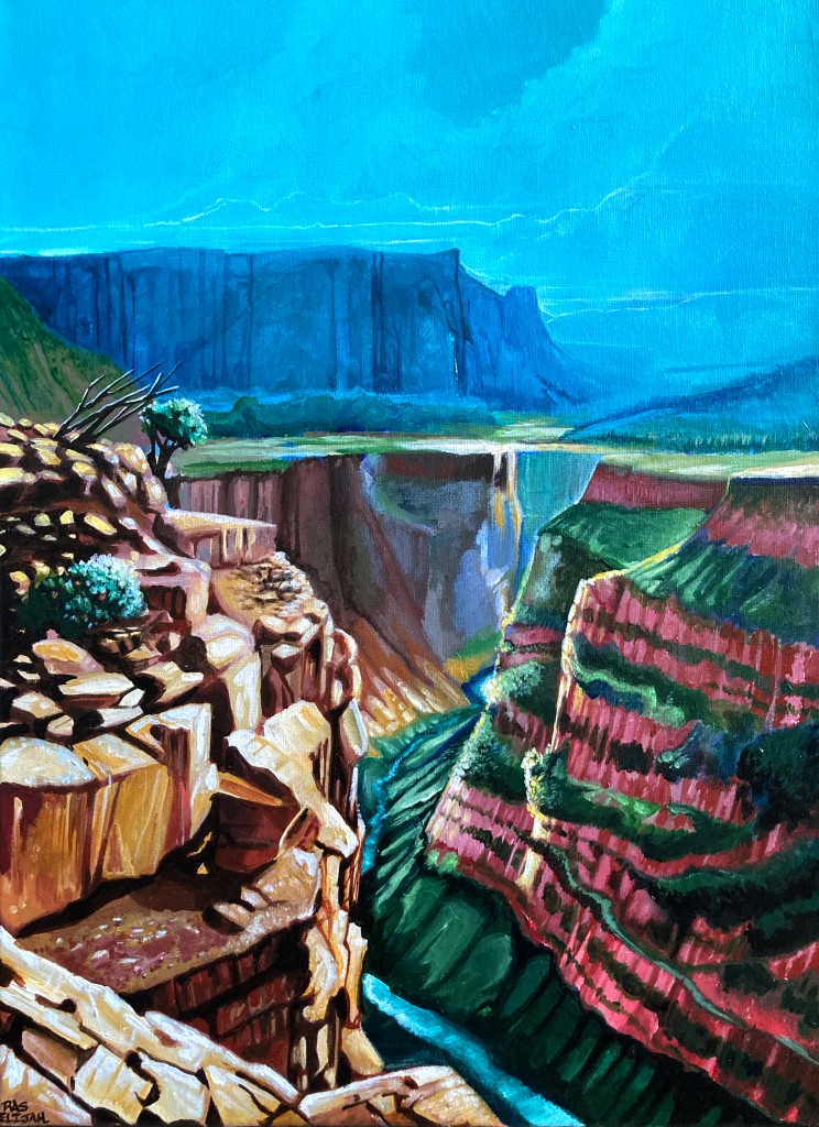 Ethiopian Grand Canyon landscape. Acrylic and Indian ink. 24"x18". Not for sale, I like it too much. prints available.