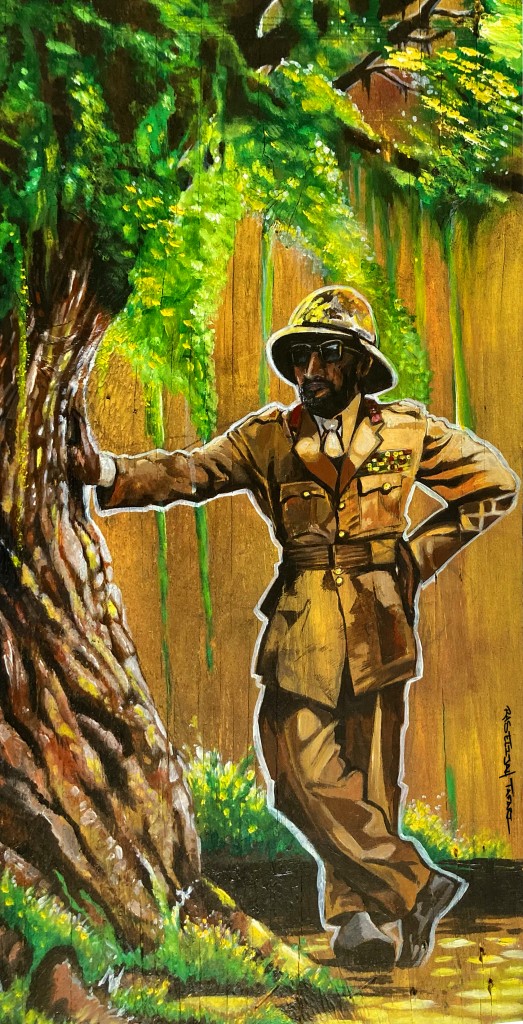 Emperor Haile Selassie I leaning on tree on wood.